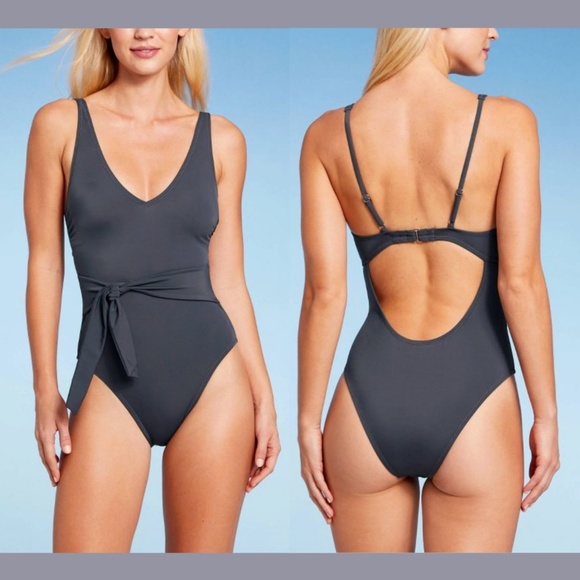 NWT Shade &‎ Shore [ Small ] Plunge Tie-Front Wrap One Piece Swimsuit - Picture 1 of 12
